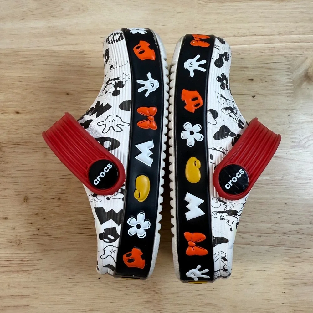 CROCS Kids White Black Mickey & Minnie Character Clogs with Red Strap